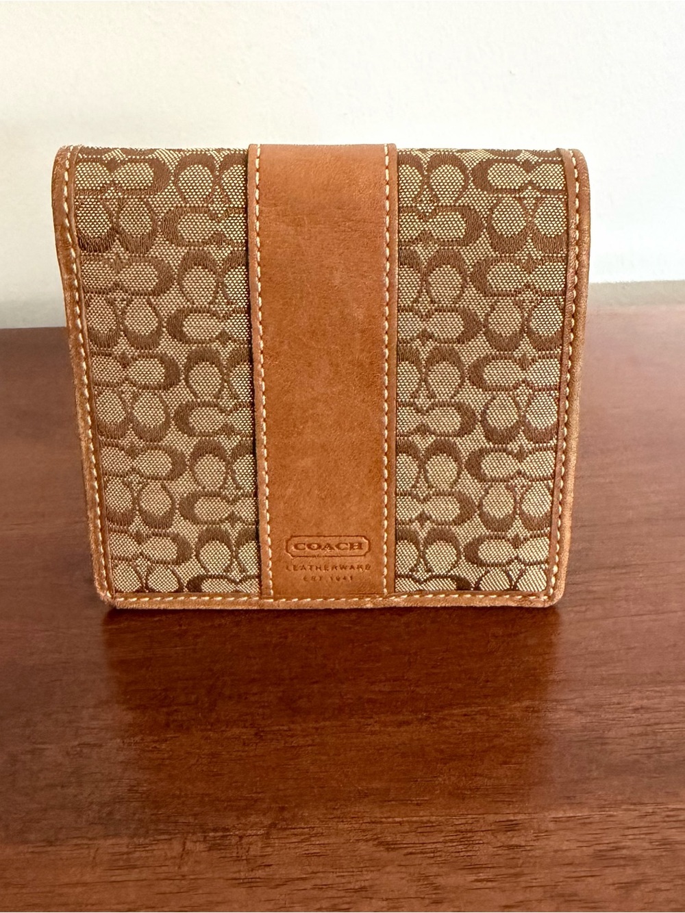 Coach Vintage Bifold Compact Wallet Tan Signature Canvas Red Interior Leather